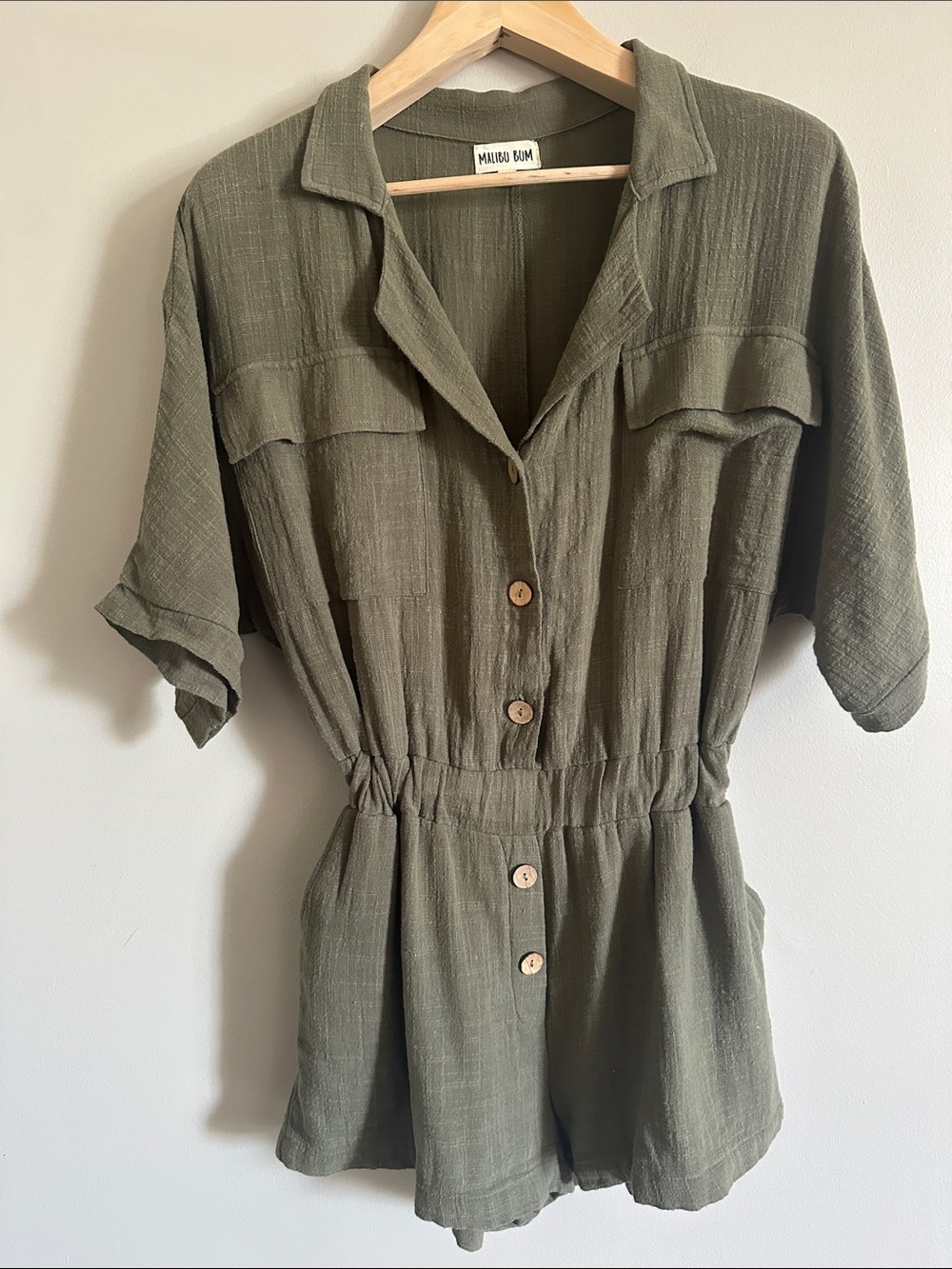 Olive Green Utility Button Front Romper Short Sleeve Casual Jumpsuit - Picture 9 of 12